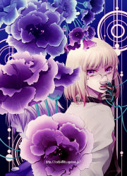 Rule 34 | 1girl, ayamiya fumi, bad id, bad pixiv id, blonde hair, cigarette, female focus, flower, glasses, gloves, original, purple eyes, solo