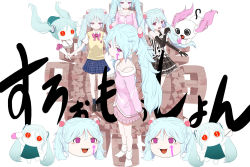 Rule 34 | 6+girls, aimaina, arrow (projectile), arrow print, blue hair, blue skirt, bouquet, collarbone, commentary, doushite-chan, expressionless, facial tattoo, flower, half-closed eyes, hatsune miku, high fever (module), holding, holding bouquet, holding pill, light blue hair, light smile, long hair, looking at viewer, medicine, microphone, multiple girls, multiple persona, music, official art, open mouth, pajamas, pill, pink skirt, pinocchio-p, plaid, plaid skirt, purple eyes, ringed eyes, school uniform, singing, skirt, slow motion (vocaloid), socks, song name, standing, tattoo, translated, twintails, very long hair, vest, vocaloid, white background, wide shot, yellow vest, yukkuri shiteitte ne