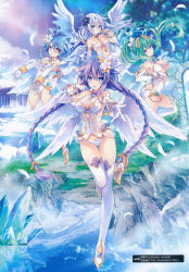 Rule 34 | absurdres, ahoge, angel wings, bare shoulders, black heart (neptunia), blanc (neptunia), blue eyes, blue hair, blush, braid, breasts, cleavage, four goddesses online: cyber dimension neptune, gloves, green hair, green heart (neptunia), hair ornament, highres, large breasts, leotard, long hair, looking at viewer, multiple girls, navel, neptune (neptunia), neptune (series), noire (neptunia), official art, open mouth, ponytail, power symbol, power symbol-shaped pupils, purple eyes, purple hair, purple heart (neptunia), red eyes, short hair with long locks, smile, symbol-shaped pupils, tsunako, twin braids, vert (neptunia), very long hair, white hair, white heart (neptunia), wings