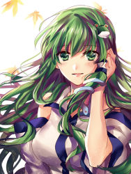 Rule 34 | 1girl, autumn leaves, bare shoulders, blush, breasts, detached sleeves, frog hair ornament, green eyes, green hair, hair ornament, hair tubes, tucking hair, japanese clothes, kochiya sanae, large breasts, long hair, looking at viewer, matching hair/eyes, miko, parted lips, sidelocks, smile, snake hair ornament, solo, touhou, upper body, wide sleeves, yuli (yulipo)