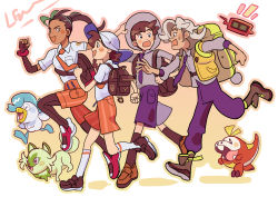Rule 34 | 2boys, 2girls, absurdres, alos (alosrovolo), arven (pokemon), backpack, bag, blue hair, braid, brown bag, brown footwear, brown gloves, brown hair, brown pantyhose, brown socks, closed eyes, collared shirt, commentary, creatures (company), dark-skinned female, dark skin, english commentary, fangs, florian (pokemon), freckles, from side, fuecoco, game freak, gen 4 pokemon, gloves, green hair, grey headwear, grey shirt, hand on headwear, hand up, hat, highres, juliana (pokemon), kneehighs, leg up, long hair, looking at another, looking back, multicolored hair, multiple boys, multiple girls, naranja academy school uniform, necktie, nemona (pokemon), nintendo, open clothes, open mouth, open vest, orange necktie, pants, pantyhose, pokemon, pokemon (creature), pokemon sv, ponytail, purple necktie, purple pants, purple shorts, quaxly, red footwear, rotom, rotom phone, school bag, school uniform, shirt, shoes, short hair, short sleeves, shorts, signature, single glove, smile, socks, sprigatito, starter pokemon trio, striped clothes, striped shorts, sweatdrop, two-tone hair, uva academy school uniform, vertical-striped clothes, vertical-striped shorts, vest, walking, white shirt, white socks, yellow bag, yellow vest