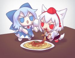Rule 34 | 2girls, angry, animal ears, black skirt, blue bow, blue dress, blue hair, bow, buttons, cirno, commentary, commission, detached sleeves, dirty, dirty clothes, dirty face, dress, eating, english commentary, food, fork, fumo (doll), hair bow, hat, holding, holding fork, inubashiri momiji, messy, multicolored clothes, multicolored skirt, multiple girls, on table, pasta, pinafore dress, puffy short sleeves, puffy sleeves, pushing away, pushing face, red eyes, red footwear, red headwear, red skirt, shirt, short hair, short sleeves, skirt, skullchimes, sleeveless, sleeveless dress, sleeveless shirt, spaghetti, standing, table, tail, tokin hat, touhou, white hair, white shirt, wings, wolf ears, wolf girl, wolf tail