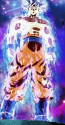 Rule 34 | 10s, 1boy, abs, aura, biceps, dragon ball, dragon ball super, frown, glowing, grey eyes, highres, male focus, manly, muscular, pants, saiyan, short hair, solo, son goku, spiked hair, topless male, torn clothes, torn pants, ultra instinct, white hair, wristband