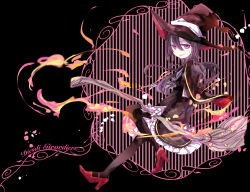 Rule 34 | 1girl, bad id, bad pixiv id, black background, black hat, broom, character name, diesdi girardiere, fire, full body, hat, long hair, looking at viewer, mole, nega, parted lips, pixiv witch craft school, red footwear, shoes, solo, witch hat