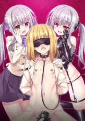 Rule 34 | 1boy, 2girls, aoi masami, arms behind back, bdsm, blindfold, blonde hair, blush, brown eyes, chastity cage, collar, dominatrix, elbow gloves, femdom, gloves, hand on face, leash, long hair, looking at viewer, multiple girls, navel, nipple piercing, no pants, open clothes, open mouth, open shirt, piercing, red eyes, school uniform, shirt, silver hair, simple background, skirt, slave, sweat, tongue
