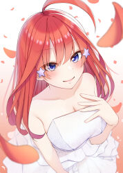 Rule 34 | 1girl, ahoge, blue eyes, breasts, bride, cleavage, closed mouth, collarbone, dress, falling petals, go-toubun no hanayome, hair ornament, hand on own chest, highres, large breasts, long hair, looking at viewer, nakano itsuki, petals, red hair, solo, star (symbol), star hair ornament, strapless, strapless dress, umetasuku, wedding dress, white dress