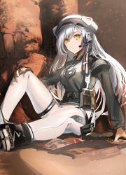 Rule 34 | 1girl, animal ears, arknights, arm support, belt, black footwear, black headwear, cat ears, closed mouth, commentary request, expressionless, female focus, full body, gawako, grey hair, grey jacket, hand on own knee, headset, highres, jacket, knee up, light particles, long hair, long sleeves, off shoulder, official alternate costume, orange eyes, outdoors, pantyhose, schwarz (arknights), schwarz (skyline) (arknights), sitting, solo, thigh strap, utility belt, white pantyhose