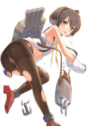 Rule 34 | 10s, 1girl, anchor, ass, bad id, bad pixiv id, black hair, black pantyhose, blush, breasts, brown eyes, cannon, covered erect nipples, crotch seam, dress, fang, hairband, headgear, highres, kantai collection, looking at viewer, multicolored hair, navel, open mouth, panties, panties under pantyhose, pantyhose, sailor dress, school uniform, short hair, short hair with long locks, simple background, small breasts, solo, tokitsukaze (kancolle), torn clothes, torn pantyhose, underwear, white background, yizhirenben