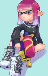 Rule 34 | 1girl, black footwear, black sweater, blue background, closed mouth, commentary request, cross-laced footwear, full body, gradient hair, gun, highres, holding, holding gun, holding weapon, inkling, inkling girl, inkling player character, medium hair, multicolored hair, nastar r0, nintendo, pink hair, pointy ears, shoes, simple background, sitting, sleeves past wrists, solo, splatoon (series), splatoon 3, splattershot (splatoon), sweater, tentacle hair, weapon