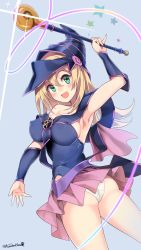 Rule 34 | 1girl, :d, absurdres, arm up, armpits, ass, bad id, bad pixiv id, bare shoulders, blonde hair, blush, breasts, covered erect nipples, dark magician girl, duel monster, green eyes, hair between eyes, hat, highres, kuro chairo no neko, large breasts, long hair, looking at viewer, looking back, open mouth, panties, pantyshot, pentacle, simple background, skirt, smile, solo, staff, star (symbol), twisted torso, twitter username, underwear, upskirt, white background, white panties, wizard hat, yu-gi-oh!, yu-gi-oh! duel monsters