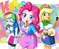 Rule 34 | 3girls, :3, abstract background, applejack, banjo, blonde hair, blue skin, blush, closed eyes, colored skin, cowboy hat, eyelashes, freckles, green eyes, hat, instrument, jacket, kazoo, long hair, looking at viewer, low-tied long hair, multicolored hair, multiple girls, my little pony, my little pony: equestria girls, my little pony: friendship is magic, personification, pink hair, pink skin, pinkie pie, rainbow dash, shirt, skirt, smile, uotapo