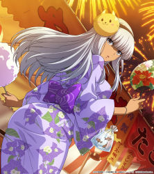 Rule 34 | 1girl, brown eyes, cowboy shot, dutch angle, festival, fireworks, floating hair, floral print, from below, hairband, highres, holding, ikkitousen, japanese clothes, kimono, long hair, long sleeves, mask, mask on head, night, official art, open mouth, print kimono, purple kimono, solo, standing, white hair, white hairband, wide sleeves, yamada asaemon (ikkitousen)