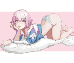 Rule 34 | 1girl, absurdres, ass, barefoot, blue eyes, cheek rest, commentary, hair between eyes, highres, honkai: star rail, honkai (series), iicedcola, legs, long hair, long sleeves, looking at viewer, march 7th (honkai: star rail), multicolored eyes, open mouth, panties, pink background, pink eyes, pink hair, shirt, solo, striped clothes, striped panties, thighs, tongue, tongue out, two-tone background, underwear, white background, white shirt