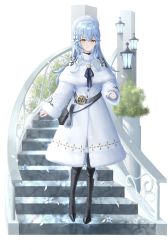 Rule 34 | 1girl, absurdres, bag, black footwear, black legwear, black ribbon, blue hair, boots, capelet, closed mouth, coat, commentary request, flower, full body, fur-trimmed capelet, fur-trimmed coat, fur trim, hair flower, hair ornament, hat, highres, holding, hololive, knee boots, lamp, long hair, long sleeves, looking at viewer, multicolored hair, narukami arei, petals, plant, pointy ears, ribbon, smile, snowflakes, solo, stairs, standing, streaked hair, virtual youtuber, white capelet, white coat, white flower, white hat, yellow eyes, yukihana lamy
