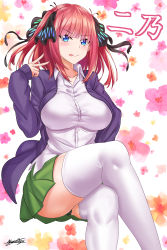 Rule 34 | 1girl, :p, absurdres, black panties, blue cardigan, blue eyes, blunt bangs, breasts, cardigan, character name, crossed legs, floral background, furrowed brow, go-toubun no hanayome, green skirt, hair ribbon, highres, large breasts, long sleeves, looking at viewer, nakano nino, nez-box, open cardigan, open clothes, panties, pantyshot, pink hair, pleated skirt, ribbon, school uniform, shirt, short hair, sitting, skirt, solo, thick thighs, thighhighs, thighs, tongue, tongue out, underwear, v, white shirt, white thighhighs