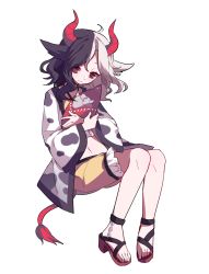 Rule 34 | 1girl, animal ears, animal print, baby carry, bing zizi, black hair, carrying, chain, closed mouth, cow ears, cow horns, cow print, cow tail, expressionless, frilled shorts, frills, full body, haori, high heels, highres, horns, invisible chair, japanese clothes, long hair, long sleeves, looking at viewer, midriff, multicolored hair, navel, red eyes, sandals, shorts, sitting, slit pupils, solo, split-color hair, tail, touhou, transparent background, two-tone hair, ushizaki urumi, white hair, wide sleeves, yellow shorts