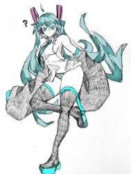 Rule 34 | 1girl, ?, black thighhighs, green eyes, green hair, hatsune miku, long hair, necktie, panties, standing, standing on one leg, striped clothes, striped panties, thick thighs, thighhighs, thighs, traditional media, twintails, underwear, very long hair, vocaloid