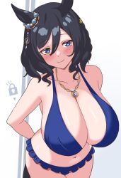 Rule 34 | 1girl, animal ears, black hair, blue eyes, breasts, cleavage, commentary, eishin flash (reines plaetschern) (umamusume), eishin flash (umamusume), highres, horse ears, horse girl, jewelry, large breasts, looking at viewer, necklace, solo, tracen swimsuit, umamusume, wavy hair, xiang (user tfpn4322)