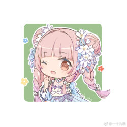 1girl blue_bow blue_choker blue_dress blue_flower blunt_bangs blunt_ends bow braid brown_eyes bud character_request chibi chinese_commentary choker commentary_request cropped_legs double_bun dress eyelashes feijiu_jintian_ge_le_ma finger_to_cheek flower frilled_dress frilled_sleeves frills green_background hair_bow hair_bun hair_flower hair_intakes hair_ornament happy jewelry layered_sleeves light_blush long_hair long_sleeves miracle_nikki neck_flower necklace nikki_(series) one_eye_closed open_mouth outline outside_border pink_hair red_flower sidelocks single_stripe sleeve_bow smile solo square_neckline strapless strapless_dress striped_bow twin_braids two-tone_background two-tone_dress very_long_hair waist_bow watermark weibo_watermark white_background white_dress white_flower white_outline yellow_flower