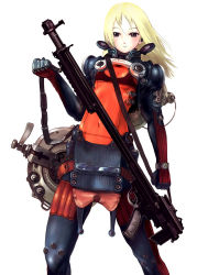 Rule 34 | 1girl, armor, blonde hair, blue eyes, bodysuit, gun, highres, nagasawa shin, original, rifle, solo, weapon