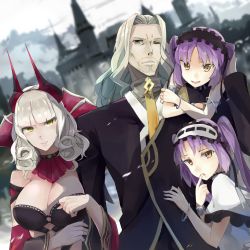 Rule 34 | 1boy, 3girls, bare shoulders, beard, bracelet, breasts, carmilla (fate), castle, cleavage, dress, euryale (fate), facial hair, fate/apocrypha, fate/grand order, fate/hollow ataraxia, fate/stay night, fate (series), green eyes, hairband, headdress, highres, horns, hsin, jewelry, large breasts, lolita hairband, long hair, multiple girls, nail polish, one eye closed, open mouth, purple hair, siblings, silver hair, sisters, smile, stheno (fate), trait connection, twins, twintails, vlad iii (fate/apocrypha), weapon, white dress, yellow eyes