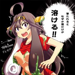 Rule 34 | 10s, 1girl, ahoge, black background, breasts, brown hair, collarbone, copyright name, double bun, female focus, hairband, highres, kantai collection, kongou (kancolle), large breasts, long hair, midriff, nintendo, open mouth, paint stains, purple eyes, red shirt, shirt, simple background, solo, splatoon (series), splatoon 1, sweat, tanashi (mk2), tentacle hair, torn clothes, torn shirt, translation request