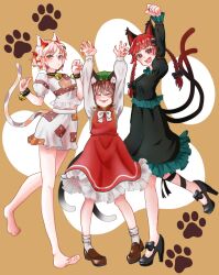 Rule 34 | 3girls, animal ears, arm up, barefoot, bell, black dress, black footwear, bow, bowtie, braid, brown footwear, brown hair, cat day, cat ears, cat girl, cat tail, chen, closed eyes, commentary request, dress, full body, goutokuji mike, high heels, highres, kaenbyou rin, multicolored hair, multicolored shirt, multiple girls, multiple tails, neck bell, nekomata, orange eyes, paw print, red dress, red hair, shi ppo no, shirt, short hair, shorts, side braids, socks, tail, touhou, twin braids, two tails, white bow, white bowtie, white hair, white shirt, white shorts, white socks