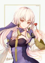Rule 34 | 1girl, atoatto, breasts, candy, closed mouth, detached collar, dress, fire emblem, fire emblem: three houses, food, hair ornament, holding, jewelry, lollipop, long hair, long sleeves, looking at viewer, lysithea von ordelia, nintendo, pink eyes, purple dress, simple background, small breasts, smile, solo, sweets, upper body, veil, white background, white hair, white sleeves