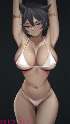 Rule 34 | 1girl, arms up, artist name, banned artist, bikini, black background, black hair, breasts, closed mouth, copyright request, dark-skinned female, dark skin, frown, gluteal fold, hair ears, large breasts, messy hair, navel, red eyes, short hair, sidelocks, simple background, skindentation, solo, standing, swimsuit, viola (seed), white bikini