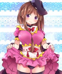 Rule 34 | 1girl, apron, between breasts, black hat, black panties, black thighhighs, blue background, blush, breasts, brown hair, clothes lift, commentary request, cowboy shot, dress, dress lift, hair between breasts, hat, highres, large breasts, lifted by self, looking at viewer, nishida satono, panties, pink dress, pote (ptkan), short hair with long locks, sidelocks, solo, sweatdrop, thighhighs, touhou, underwear, waist apron