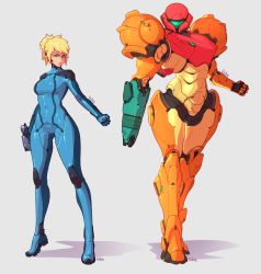 Rule 34 | 1girl, adapted costume, arm cannon, armor, blue bodysuit, blue eyes, bodysuit, breasts, cannon, clenched hand, commentary, directed-energy weapon, dual persona, earpiece, energy cannon, energy gun, energy weapon, english commentary, full body, gun, handgun, height difference, highres, holding, holding gun, holding weapon, justrube, knee pads, long legs, medium breasts, medium hair, messy hair, metroid, nintendo, paralyzer, pauldrons, pistol, power suit, redesign, samus aran, short ponytail, shoulder armor, shoulder pads, varia suit, weapon, zero suit