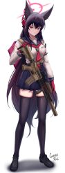 Rule 34 | 1girl, absurdres, animal ears, artist name, assault rifle, black thighhighs, blue archive, blue skirt, breasts, caiman pool, commentary, gun, h&amp;k hk416, highres, holding, holding weapon, long hair, long sleeves, looking at viewer, medium breasts, optical sight, purple hair, red eyes, rifle, school uniform, shirt, skirt, solo, suppressor, thighhighs, vertical foregrip, very long hair, weapon, white background, white shirt, yukino (blue archive), zettai ryouiki