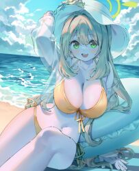 Rule 34 | 1girl, absurdres, beach, bikini, blue archive, blush, breasts, collarbone, commentary, front-tie bikini top, front-tie top, green eyes, halo, hat, highres, innertube, jacket, knee up, large breasts, light brown hair, long hair, looking at viewer, navel, nonomi (blue archive), nonomi (swimsuit) (blue archive), official alternate costume, outdoors, see-through, see-through jacket, side-tie bikini bottom, sitting, smile, solo, stomach, sun hat, swim ring, swimsuit, teeth, upper teeth only, very long hair, yellow bikini, yu1 na12