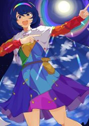 Rule 34 | 1girl, belt, blue eyes, blue hair, blush, brown belt, cape, cloak, cloud print, cowboy shot, dress, dutch angle, eyelashes, fingernails, full moon, hairband, highres, long sleeves, moon, multicolored clothes, multicolored dress, multicolored hairband, night, night sky, open mouth, patchwork clothes, pointing, rainbow, rainbow gradient, short hair, sky, sky print, star (sky), tenkyuu chimata, test (user fjka7334), thighs, touhou, two-sided cape, two-sided fabric, v-shaped eyebrows, white cape, white cloak, yellow bag, zipper
