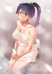Rule 34 | 10s, 1girl, bare shoulders, black hair, blue eyes, breasts, covered erect nipples, houshou (kancolle), kantai collection, kunifuto, long hair, looking at viewer, naked towel, onsen, ponytail, sitting, smile, solo, towel