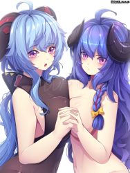 Rule 34 | 2girls, ahoge, artist name, bad id, bad pixiv id, blue hair, bodysuit, braid, breast press, breasts, brown bodysuit, closed mouth, clothed female nude female, crossover, dated, ddangbi, ganyu (genshin impact), genshin impact, goat horns, hair between eyes, horns, interlocked fingers, kindred (league of legends), lamb (league of legends), large breasts, league of legends, long hair, looking at viewer, multiple girls, navel, nude, open mouth, pink eyes, simple background, single braid, sleeveless, sleeveless bodysuit, spirit blossom kindred, symmetrical docking, white background