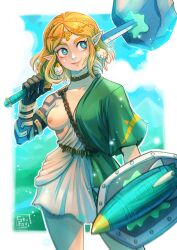 Rule 34 | 1girl, archaic set (zelda), arm at side, artist logo, asymmetrical clothes, black skin, blonde hair, blue eyes, border, braid, breasts, bright pupils, collar, collarbone, colored skin, cosplay, cowboy shot, earrings, fingernails, hand up, highres, holding, holding shield, holding sword, holding weapon, jewelry, link, link (cosplay), lips, looking to the side, medium breasts, medium hair, multicolored skin, nintendo, nipples, no bra, one breast out, outside border, pointy ears, princess zelda, rocket, shield, shuravf, smile, sword, the legend of zelda, the legend of zelda: tears of the kingdom, tunic, weapon, white border, white pupils, zonai device