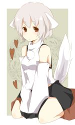 Rule 34 | 1girl, animal ears, bare shoulders, between thighs, brown eyes, detached sleeves, female focus, grey hair, heart, inubashiri momiji, mono (recall), red eyes, seiza, short hair, sitting, solo, tail, thighs, touhou, v arms, wolf ears, wolf tail, wolfears