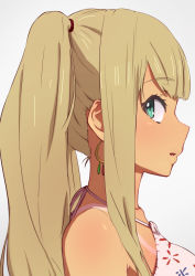 Rule 34 | 1girl, alessandra susu, bad id, bad pixiv id, bare shoulders, black eyes, blush, collarbone, commentary request, earrings, from side, gradient hair, grey background, hair tie, halterneck, highres, jewelry, light brown hair, looking at viewer, looking to the side, multicolored hair, parted lips, portrait, profile, sidelocks, sideways glance, smile, solo, sonri, tan, tanline, tokyo 7th sisters, twintails