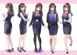 Rule 34 | 1girl, :d, amagi shino, artist name, black footwear, black jacket, black skirt, blazer, blue jacket, blush, border, bow, bowtie, brown hair, collared shirt, commentary request, formal, full body, hair ornament, happy, high heels, highres, id card, jacket, lapels, long hair, long sleeves, looking at viewer, multiple views, notched lapels, office lady, open mouth, original, pantyhose, pencil skirt, pink border, pink bow, pink bowtie, purple eyes, receptionist girl (amagi shino), shirt, signature, skirt, smile, standing, striped bow, striped bowtie, striped clothes, variations, white background, white shirt
