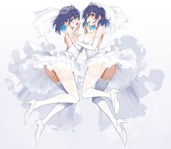 2girls absurdres ass asymmetrical_docking bare_shoulders blue_eyes blue_hair breast_press breasts bridal_lingerie bridal_veil bride brown_hair clothes_pull detached_sleeves dress dress_pull earrings full_body garter_straps hand_to_own_mouth high_heels highres hoshizuki_kaede hoshizuki_suzu jewelry kaede_to_suzu kyokucho lace lace-trimmed_sleeves lace-trimmed_thighhighs lace_panties lace_trim lingerie looking_at_viewer medium_breasts multiple_girls panties shoes short_hair siblings sisters small_breasts strapless strapless_dress string_panties thighhighs twins underwear veil wedding_dress white_dress white_footwear white_sleeves white_thighhighs