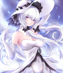 Rule 34 | 1girl, azur lane, bad id, bad pixiv id, bare shoulders, breasts, cleavage, commentary request, dress, elbow gloves, gloves, harapeko1129, hat, illustrious (azur lane), large breasts, long hair, looking at viewer, low twintails, mole, mole under eye, side bun, smile, solo, strapless, strapless dress, sun hat, tri tails, twintails, white dress, white gloves, white hair, white hat