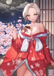 Rule 34 | 1girl, bare shoulders, breast tattoo, breasts, cherry blossoms, cigarette, cleavage, collarbone, dress, flower, grey hair, highres, japanese clothes, large breasts, looking at viewer, medium hair, moon, night, night sky, off shoulder, original, parted lips, petals, piyo (pixiv 2308057), print dress, red dress, sky, smile, smoking, solo, tattoo, yellow eyes
