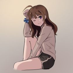 Rule 34 | 1girl, ahoge, alternate hairstyle, backpack, bag, black shorts, blue scrunchie, brown hair, closed mouth, commentary, cropped legs, dolphin shorts, elbow on knee, from side, grey background, grey shirt, hair down, highres, idolmaster, idolmaster million live!, kamille (vcx68), knee up, long hair, long sleeves, looking at viewer, one eye closed, purple eyes, scrunchie, unworn scrunchie, shirt, short shorts, shorts, sitting, smile, solo, star (symbol), star print, wrist scrunchie, yokoyama nao