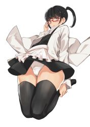 Rule 34 | 1girl, :o, adjusting eyewear, ankle grab, black hair, black thighhighs, black vest, blouse, blunt bangs, breasts, brown hair, cameltoe, center frills, commentary request, frilled skirt, frills, from below, full body, glasses, groin, hand on eyewear, hand up, highres, jacket, knees up, long sleeves, looking at viewer, miniskirt, niizuka (c-drop), open clothes, open jacket, open mouth, original, panties, pantyshot, pleated skirt, red-framed eyewear, shirt, short hair, sidelocks, simple background, skirt, small breasts, solo, standing, thigh gap, thighhighs, thighs, twintails, underwear, upskirt, vest, white background, white jacket, white panties, white shirt, white skirt, wide hips, wind, wind lift