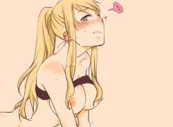 Rule 34 | 1girl, bare arms, bare shoulders, blonde hair, blue eyes, blush, breasts, breasts out, closed mouth, clothes lift, ear piercing, earrings, embarrassed, female focus, flashing, fullmetal alchemist, heart, jewelry, long hair, looking at viewer, medium breasts, nipples, nishio haruaki, no bra, one eye closed, piercing, ponytail, shirt lift, shy, sidelocks, simple background, solo, spoken heart, strapless, sweat, tears, tube top, wink, winry rockbell