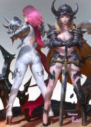 Rule 34 | 2girls, armor, ass, ass cutout, asymmetrical legwear, back-to-back, back cutout, bikini armor, blonde hair, blue eyes, breasts, butt crack, cape, cleavage, clothing cutout, fake horns, fantasy, faulds, full body, gauntlets, greaves, unworn headwear, heart, heart cutout, helmet, unworn helmet, high heels, horned helmet, horns, kilart, knight, large breasts, leotard, lips, long hair, mismatched legwear, multiple girls, nose, original, pauldrons, pink hair, planted, planted sword, planted weapon, revealing clothes, scarf, shoulder armor, shoulder pads, smile, spikes, standing, sword, tattoo, weapon