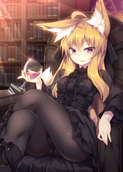 Rule 34 | 1girl, ahoge, animal ear fluff, animal ears, arm rest, armchair, black dress, black footwear, black panties, black pantyhose, black ribbon, blonde hair, book, bookshelf, boots, breasts, chair, commentary request, corset, crossed legs, cup, dress, drinking glass, fox ears, fox girl, fox tail, gothic lolita, highres, holding, holding cup, indoors, lolita fashion, long hair, long sleeves, looking at viewer, medium breasts, original, panties, panties under pantyhose, pantyhose, parted lips, pink eyes, ribbon, roshin, sitting, solo, sparkle, tail, underwear, wine glass