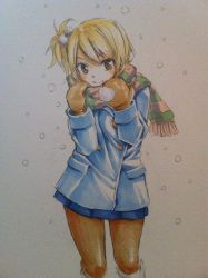 Rule 34 | 1girl, blonde hair, blush, brown eyes, coat, fairy tail, lucy heartfilia, mashima hiro, mittens, pantyhose, scarf, side ponytail, skirt, smile, snow, solo, traditional media