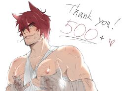 Rule 34 | 1boy, alternate facial hair, bara, bare pectorals, highres, large pectorals, league of legends, looking at viewer, male focus, muscular, muscular male, nipples, pectoral lift, pectorals, presenting pectorals, red hair, seductive smile, sett (league of legends), short hair, smile, solo, sparse chest hair, sparse stubble, tank top, taous dark, thick eyebrows, upper body, white tank top